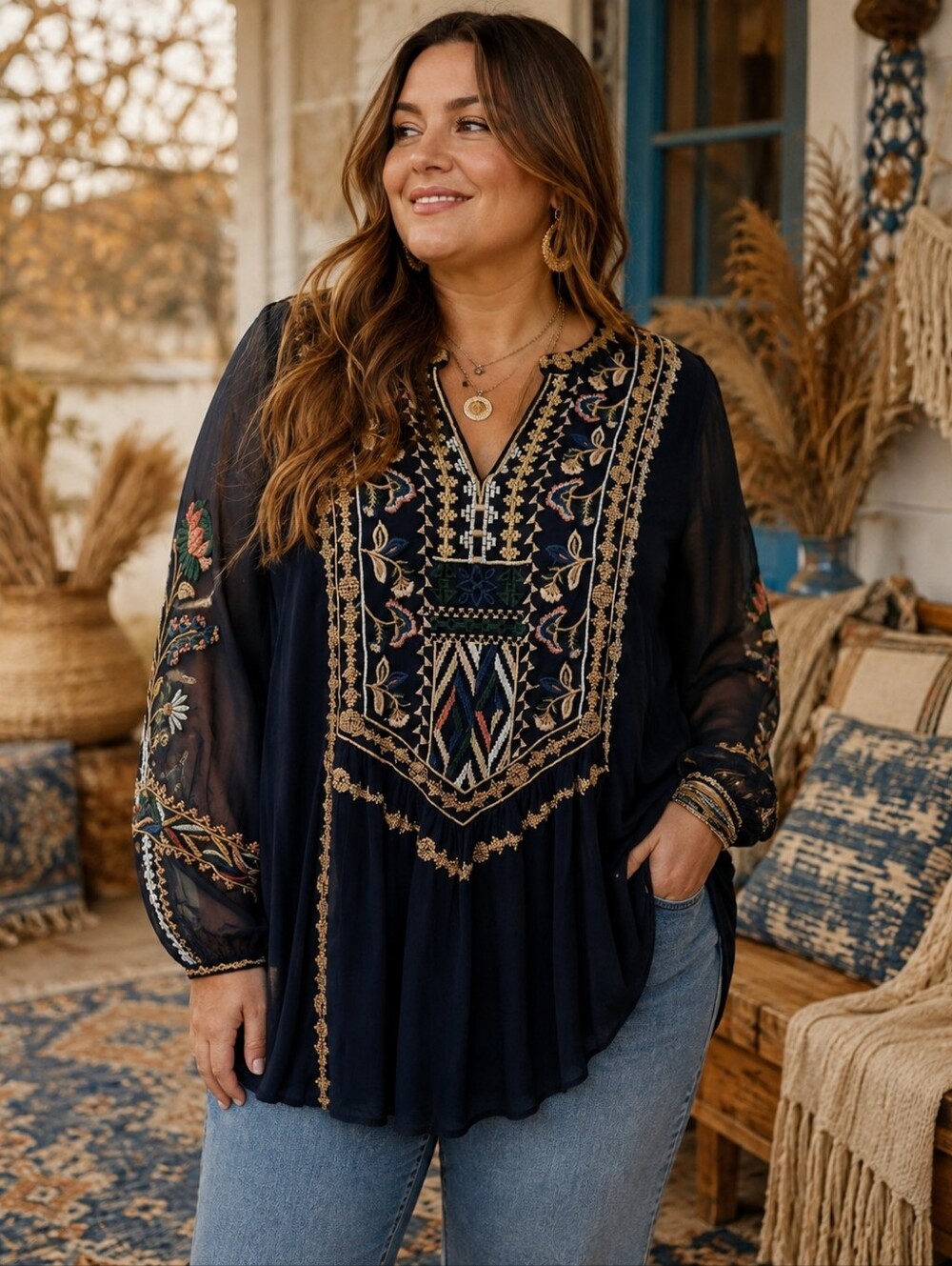 Boho Top Embroidered Long Sleeves Midnight Blue Tolani 3X NEW 🤍 RETAIL $145-